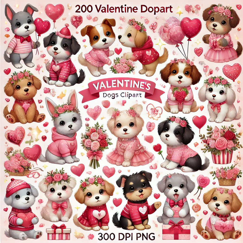 Love and Paws Clipart - 200 Valentine Dog Illustrations